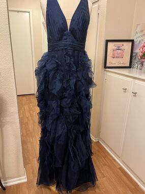 navy blue dresses for plus size women Blue Embellished Lace Illusion Neck Gown With 3D Flowers